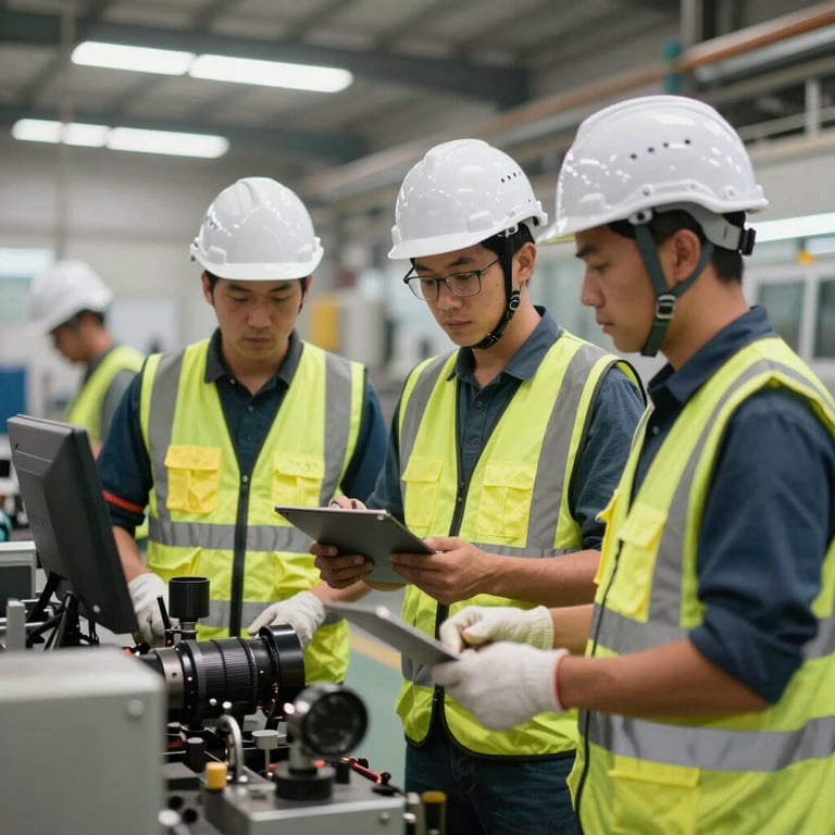 Workers in a modern factory setting wearing safety helmets and high-visibility gear, demonstrating safe practices.