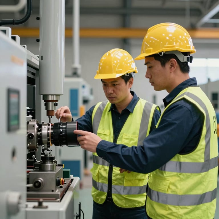 A safety auditor inspecting industrial machinery in a Southern European facility, focusing on compliance and detail.