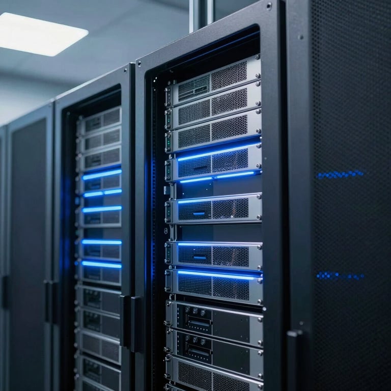 Close-up of high-speed enterprise servers in a professional data center, illuminated by cool sky blue LED lights.