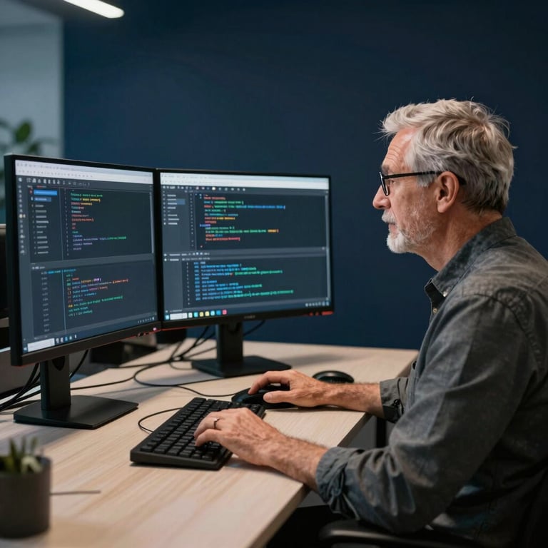 A senior developer in a modern US office hub working at a workstation with multiple monitors displaying code. Professional lighting with dark navy blue background.