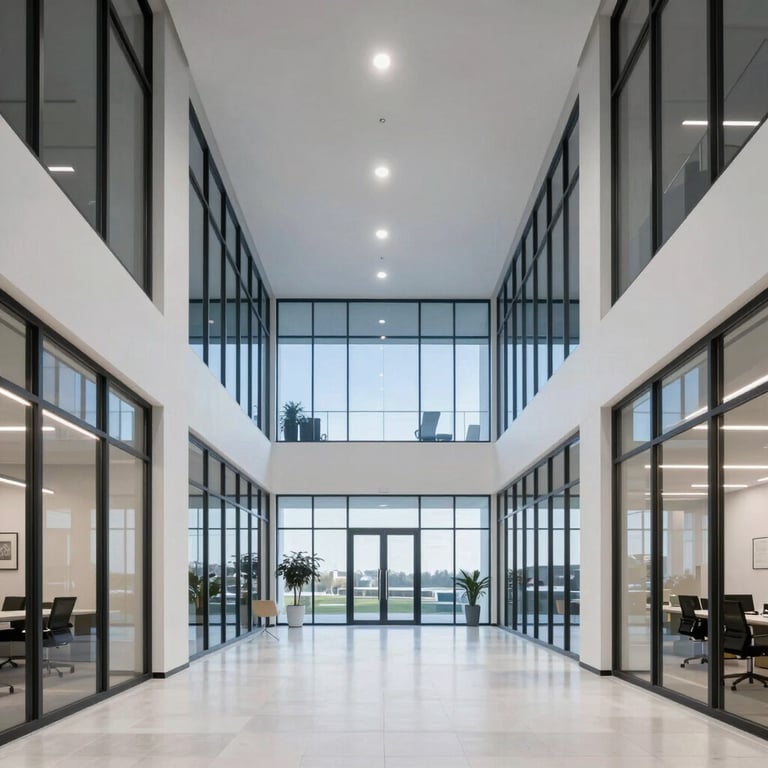 A minimalist, architectural shot of a contemporary software firm's lobby. High ceilings, glass walls, and sky blue accents.