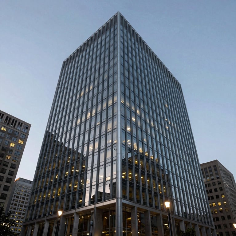 The exterior of a sleek glass and steel office building in a major North American business district at dusk. Professional and innovative vibe.