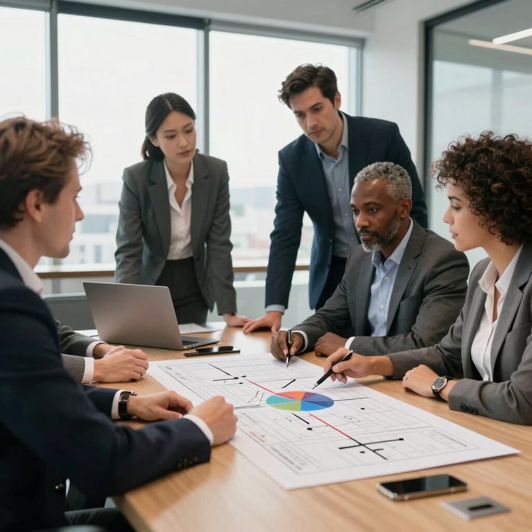 Diverse professional team in a modern conference room discussing a digital roadmap in a bright, North American office setting.