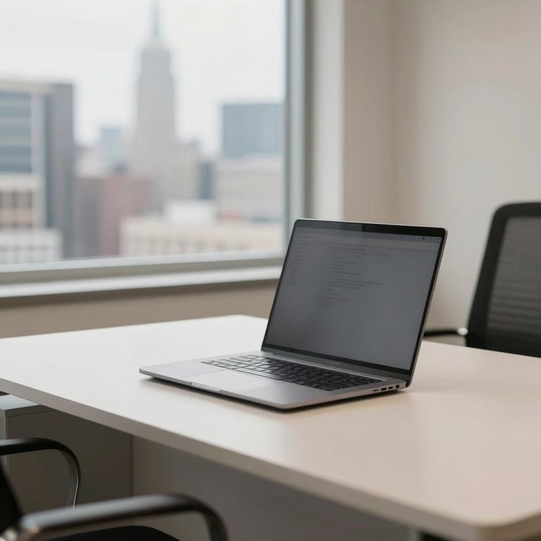 A clean, organized executive office desk with a laptop and a view of a North American skyline through a window. Soft off-white aesthetic.