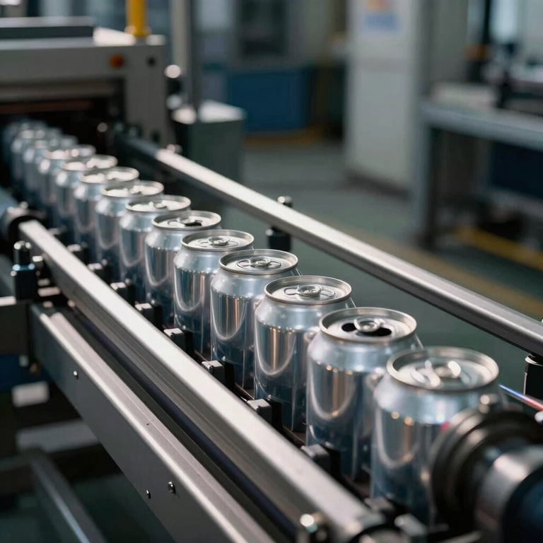 Wide panoramic 21:9 frame, high-speed aluminum can printing line in action positioned to the left third, strong key lights catching metallic reflections and deep shadows, sharp technical focus.