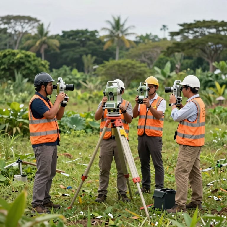 Wide shot of a professional surveyor team operating laser measuring equipment in a verdant tropical landscape.