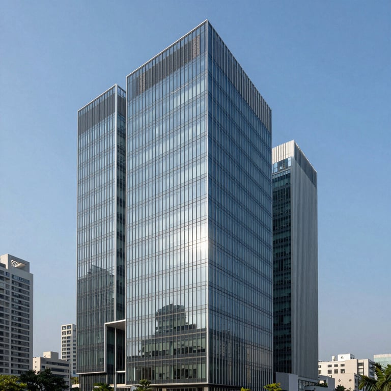 Modern minimalist glass office building designed by an architect, situated in a Southeast Asian business district, clear blue sky.