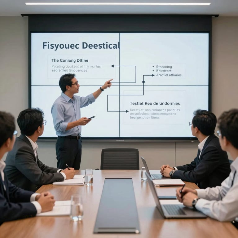 A clean, professional boardroom meeting with Indonesian engineers discussing project timelines on a large digital screen.