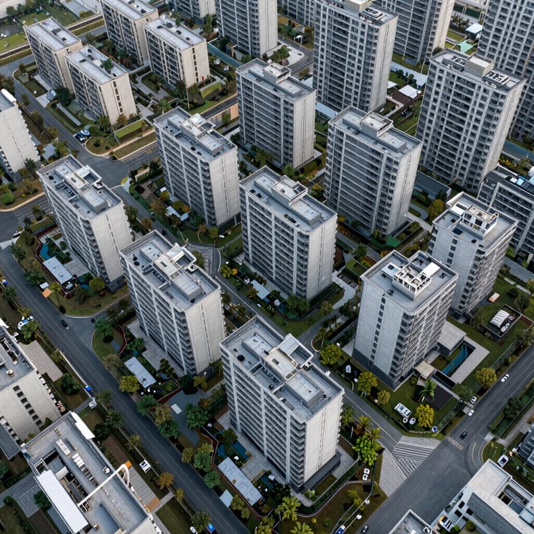 Aerial photography of a completed residential complex showing neat architectural planning and integrated green spaces.