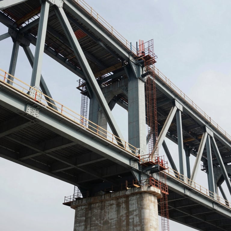 Dramatic low-angle shot of a steel bridge structure under construction, showcasing technical strength and precision engineering.