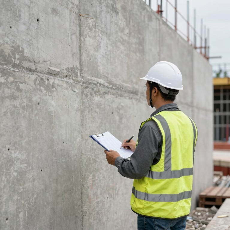 A construction supervisor in a safety vest inspecting a massive concrete foundation at a large-scale Indonesian infrastructure project.