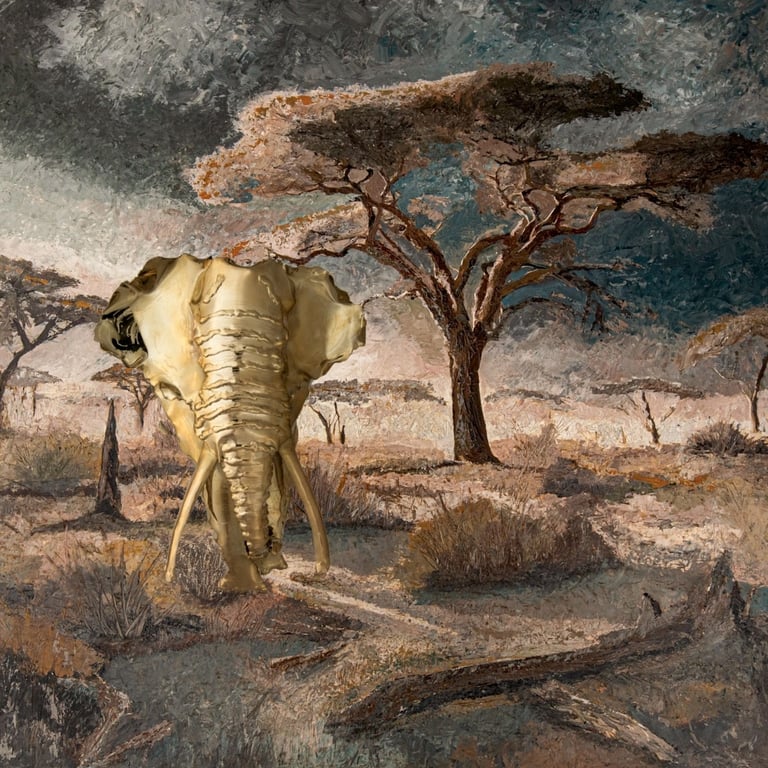 Sculpted elephant skull in brass set against a textured acrylic painting of an African savanna with acacia trees, by Osner