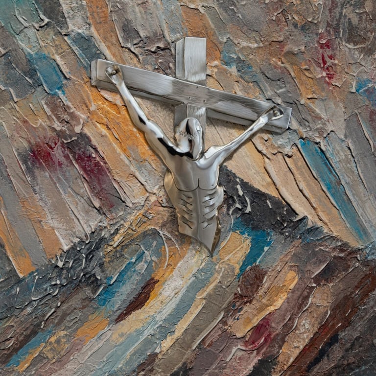 Crucifixion of Jesus Christ in sculpted metal on a textured abstract background, by Martin Osner and Simon Shone