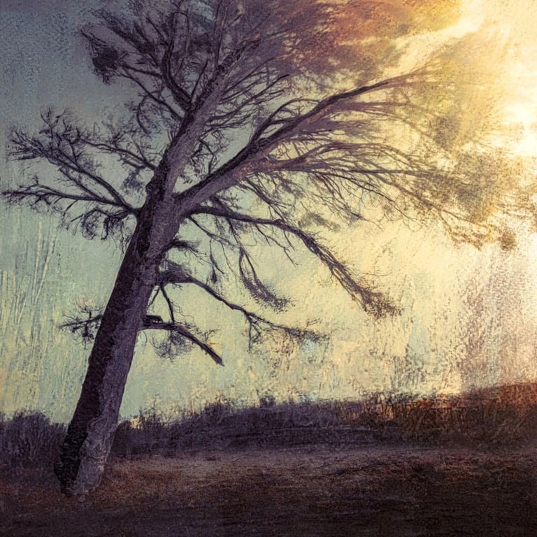 Textured painting by Martin Osner of a lone tree leaning against a soft sky with warm light and subtle earthy tones.