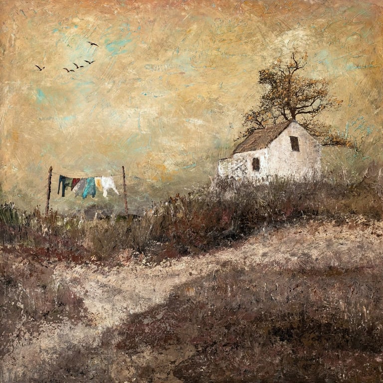 Textured landscape painting by Martin Osner showing a white cottage on a hill with a tree behind it, a line of washing 