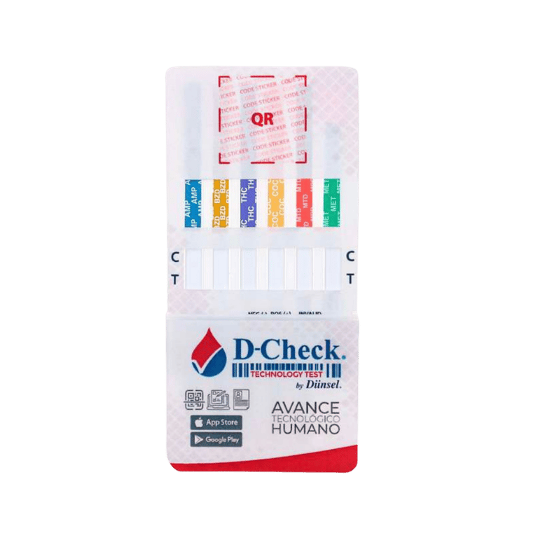 D-Check multi-panel drug test kit with color-coded result strips for THC, COC, and AMP screening.