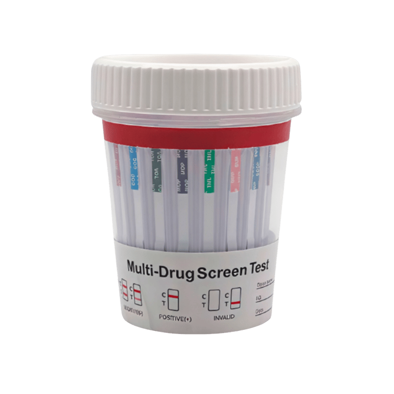 Multi-drug screen test cup with integrated testing strips for rapid urine analysis on a white background.