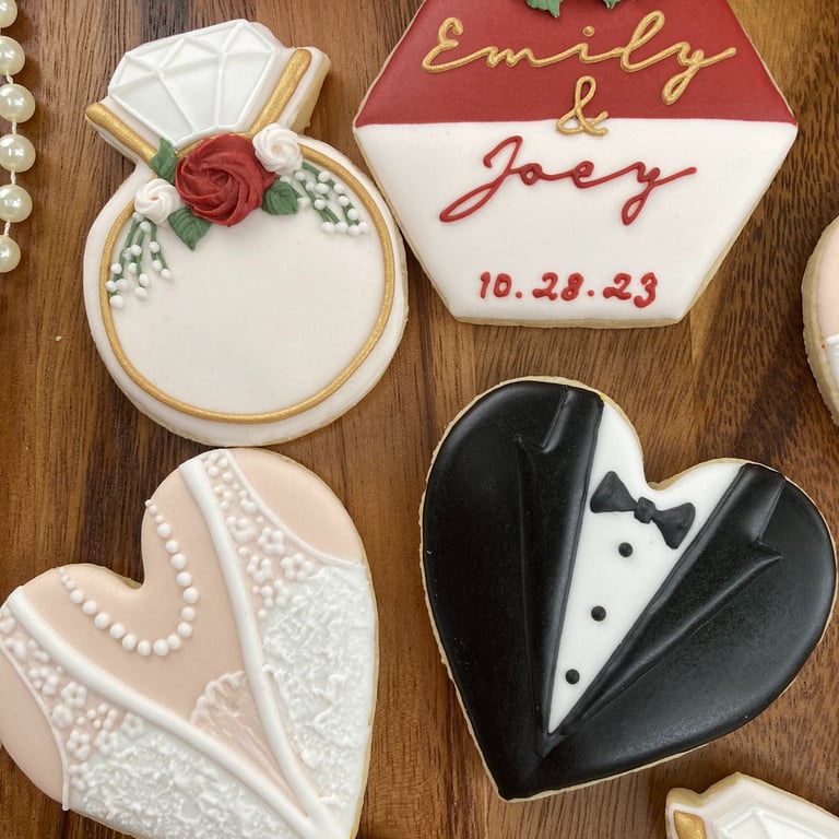 Bride and Groom cookies; ring cookies; wedding cookies