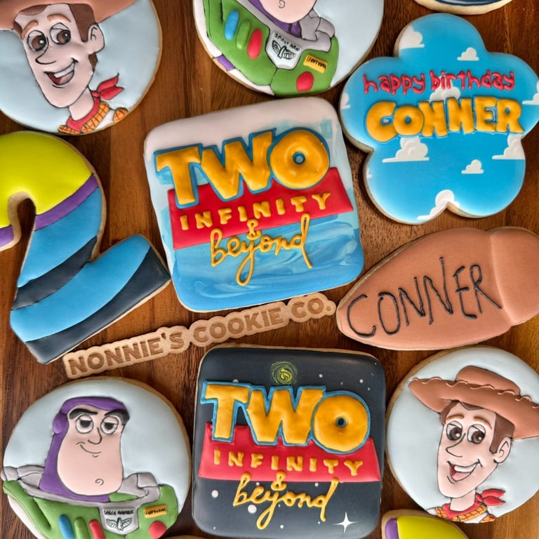 toy story cookies, two infinity and beyond cookies, birthday cookies, buzz lightyear cookies, woody cookies
