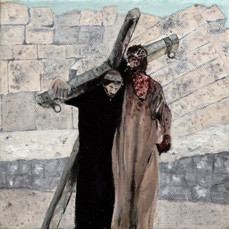 Christian inspired art - Simon helping Jesus carry the cross