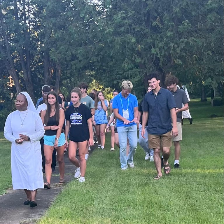 Youth walking together with missionary sisters during Open Doors convent tour