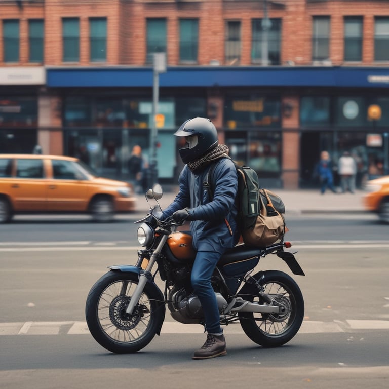 A delivery person handling packages in an urban setting.