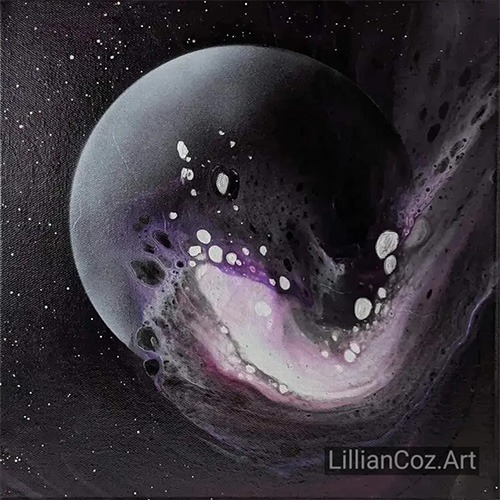 Black starry background with a glowing gray planet behind a swirl of pink, white, and purple