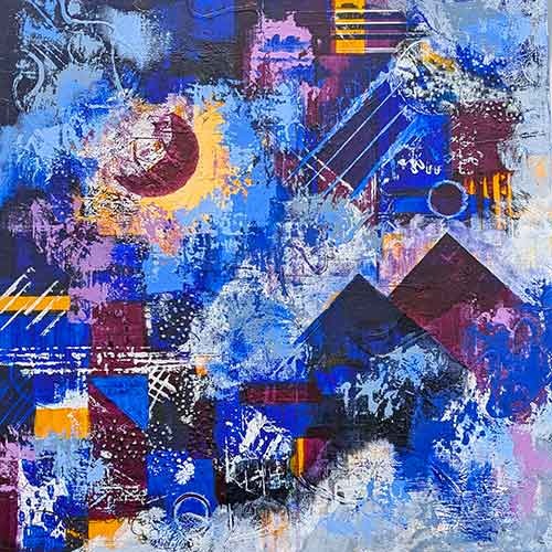 Abstract textured painting in violet, blue, and golden tones