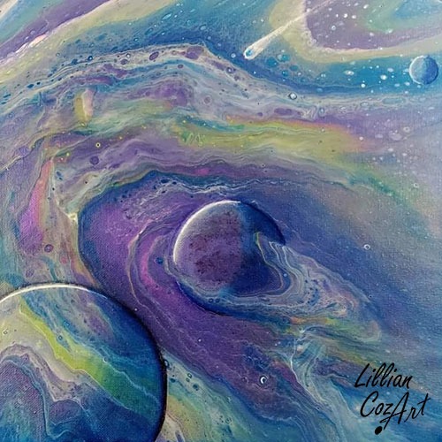 Three blue and purple planets on a rainbow-colored abstract background with stars and a comet