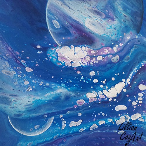 Two blue, purple, and white planets on an abstract background in the same colors