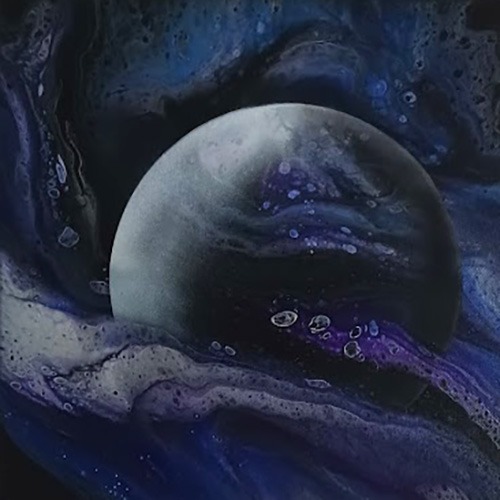 abstract blue, black, pruple, and silver background with a glowing planet in the same colors
