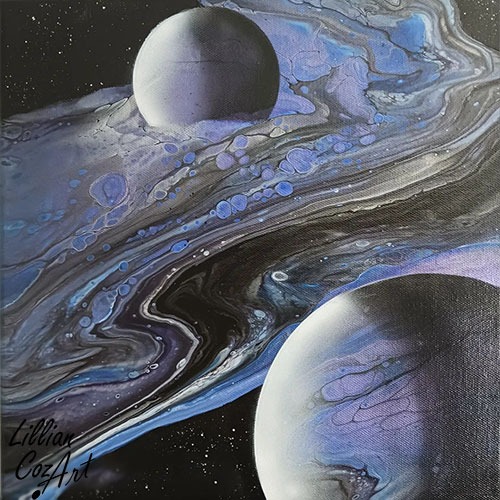 Two glowing purple planets on an abstract starry background in blues, purple, silver, and black,