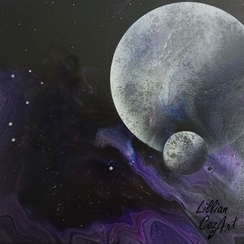 Black and purple abstract starry background with a gray planet and moon