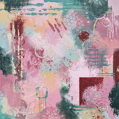 Abstract painting in muted pinks, greens, deep maroon, and muted yellow.