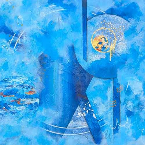Geometric abstract painting in soft blues with golden and sienna accents