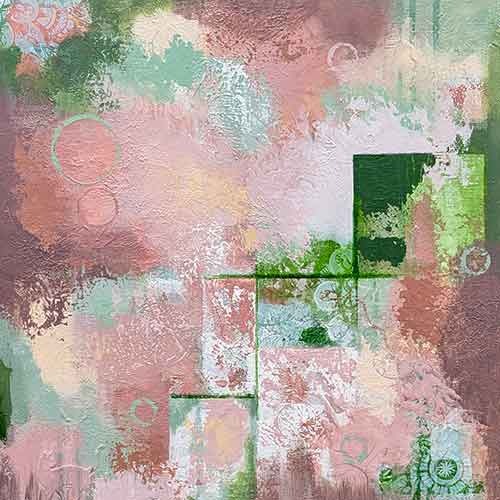 Abstract textured painting in soft pinks, muted yellows, greens, and transparent whites