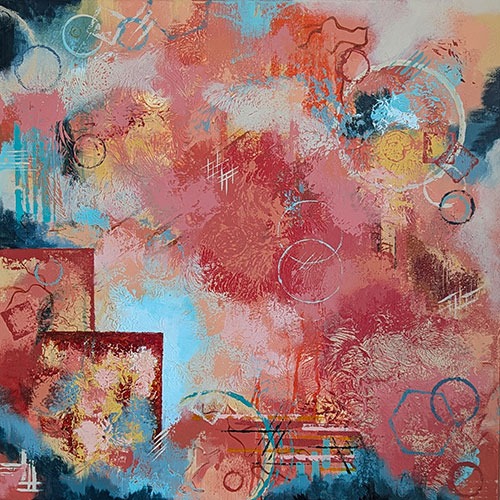 Textured abstract art in earthy siennas, muted greens, and softened brights.