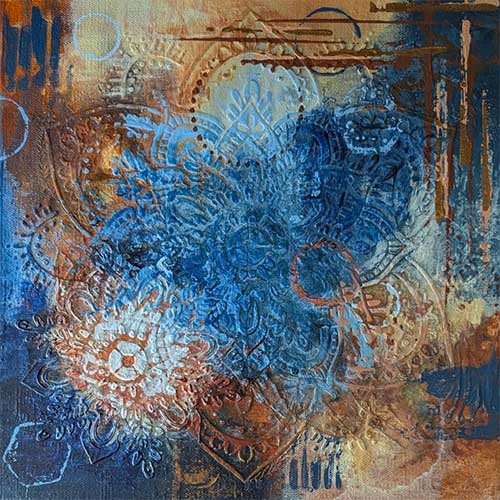 Indigo, clay, and copper abstract painting