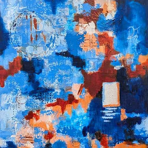 Textured abstract in fiery oranges and tranquil blues
