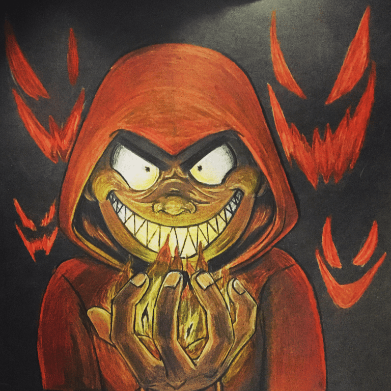 a drawing of a cartoon man with a red hoodie holding fire. with demons in the background.