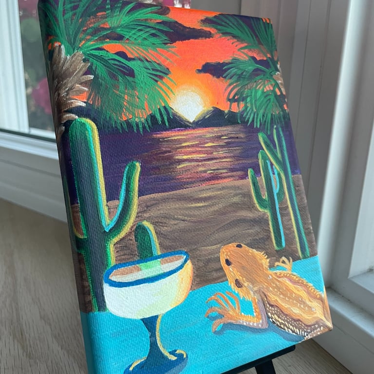 bearded dragon, margarita, saguaro cactus, arizona sunset, beach, mountains.