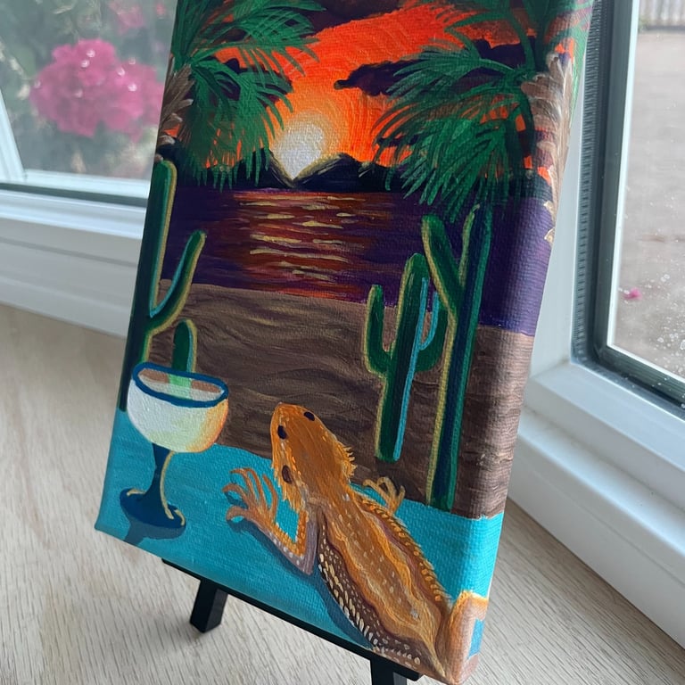 bearded dragon, margarita, saguaro cactus, arizona sunset, beach, mo