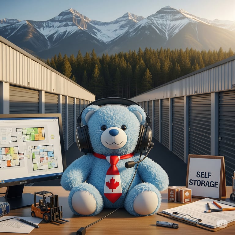 Bear with a headset in self-storage facility