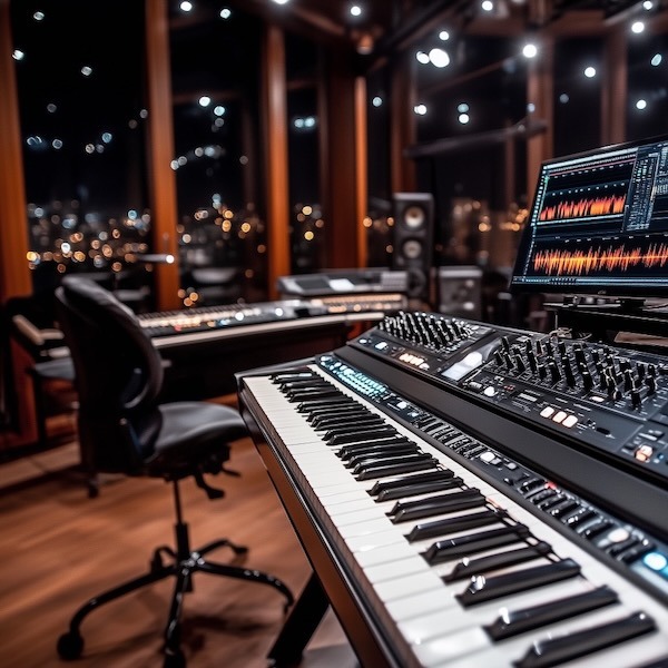 Professional music studio with synthesizers, mixing console, and digital audio workstation overlooking a cityscape at night.