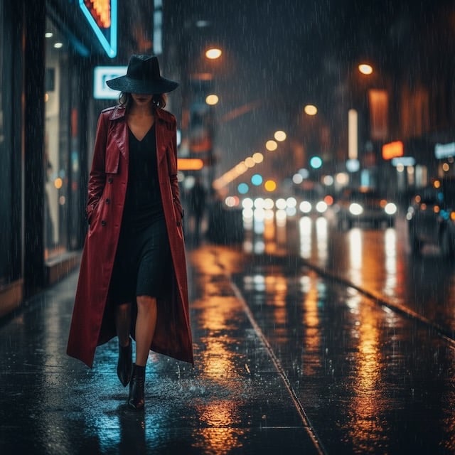 Woman in red coat walking in rainy neon street, cinematic mood for Isaac B. Cole and Sessions on the Green.
