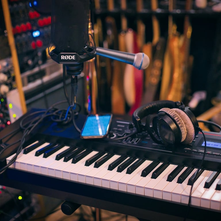 Keyboard, mic and sound equipment in studio. Sessions on the Green web image.