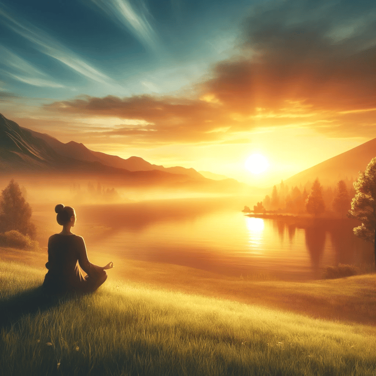 a woman meditating in front of a peaceful lake