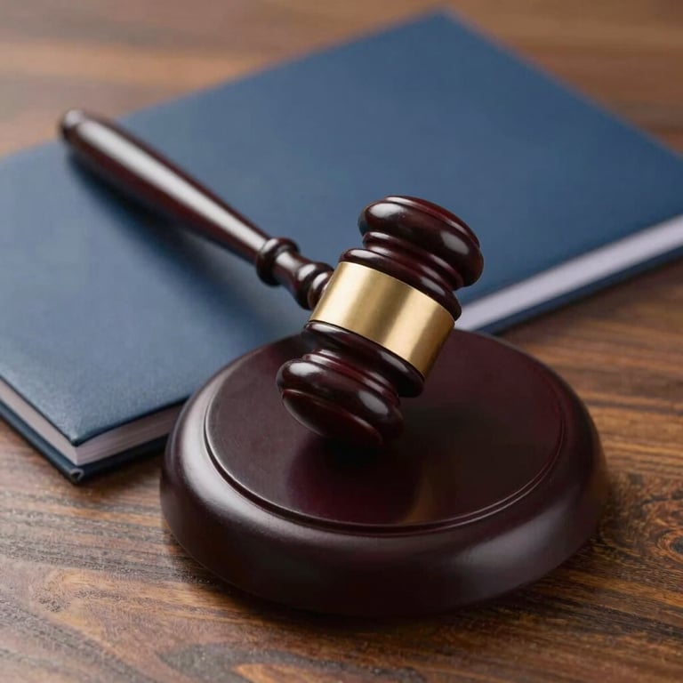 A detailed shot of a legal gavel resting on a mahogany desk with a navy blue folder.