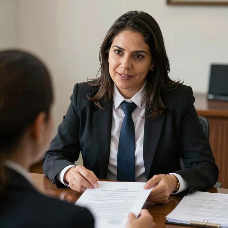 A South American / Brazilian lawyer explaining a document to a client with a compassionate expression.