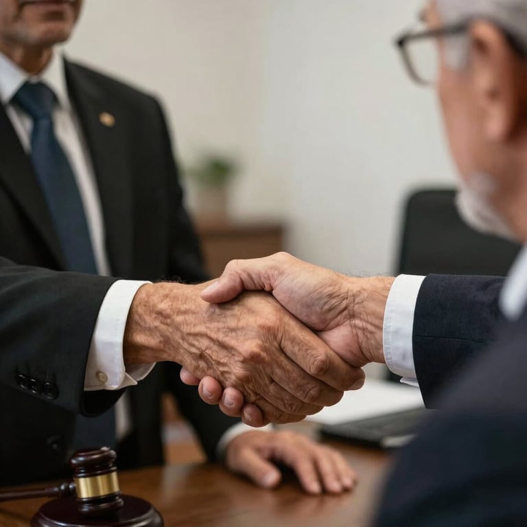 A close-up of a handshake between a lawyer and an elderly client in a South American / Brazilian office setting, conveying trust.